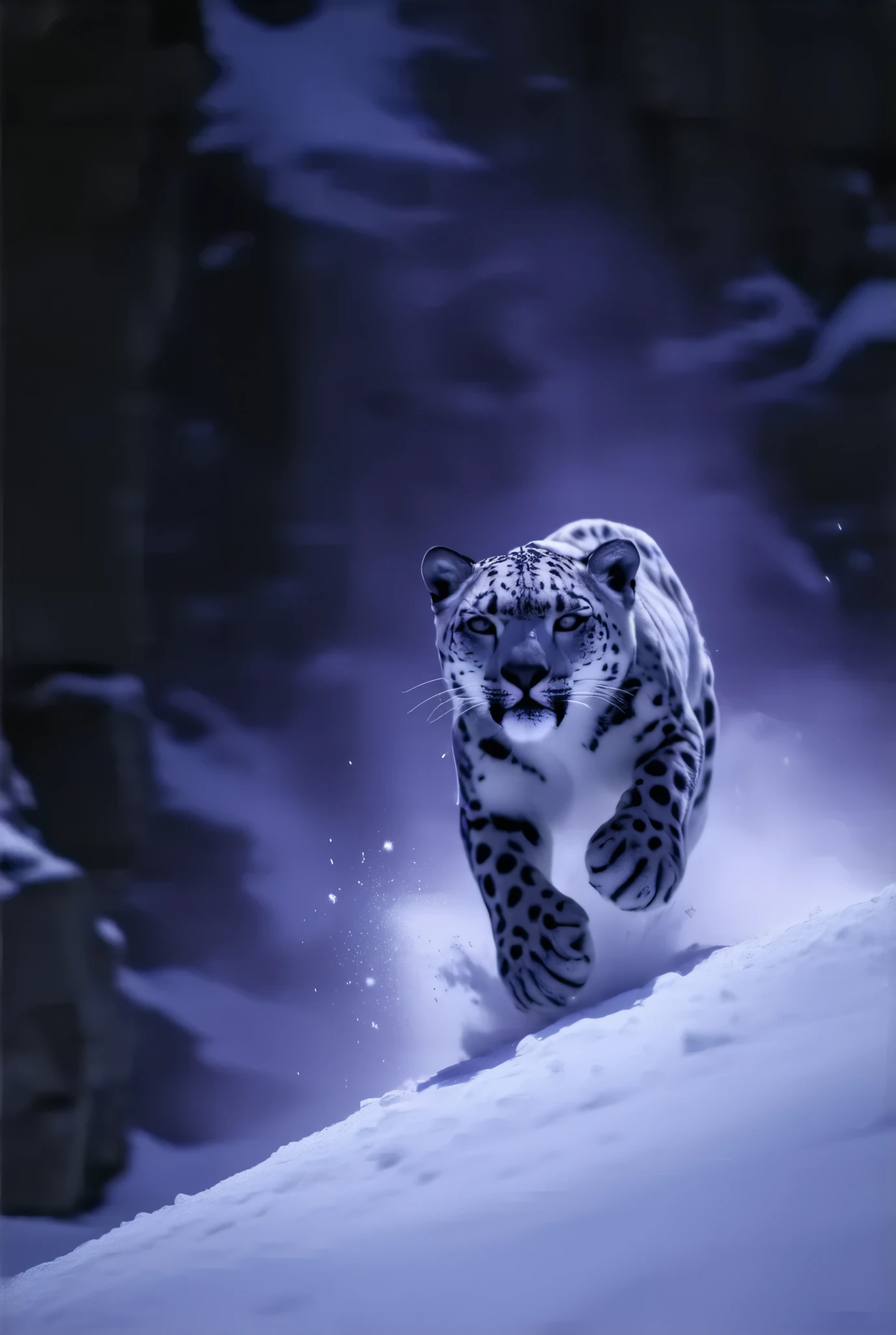 (8k, top quality, Masterpiece , Final Fantasy Style: 1.2),Atmospheric perspective, 8K, Very detailed, A snowy field on a quiet night, A snowy field at a quiet night, (looking up from below composition,:1.3), a snow leopard wearing pure white winter fur,A snow leopard is jumping off a cliff in pursuit of its prey, running rapidly down the steep cliff of a snowy mountain, raising snow smoke, keen eyes, dynamic, ferocious, murderous, Moonlit night, clear air, night fog, sparkling ice particles in the air, , The sky turns eerily purple