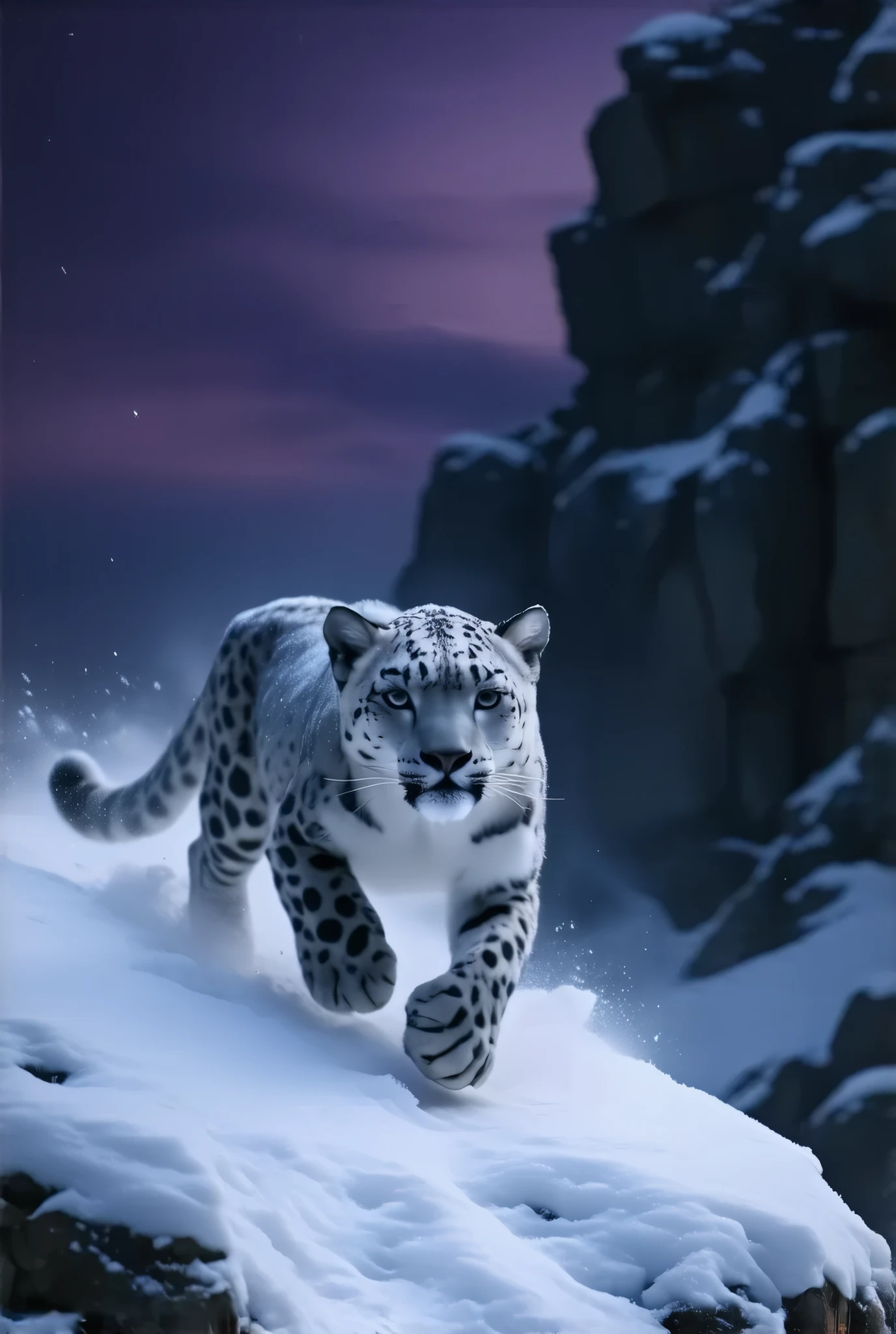 (8k, top quality, Masterpiece , Final Fantasy Style: 1.2),Atmospheric perspective, 8K, Very detailed, A snowy field on a quiet night, A snowy field at a quiet night, (looking up from below composition,:1.3), a snow leopard wearing pure white winter fur,A snow leopard is jumping off a cliff in pursuit of its prey, running rapidly down the steep cliff of a snowy mountain, raising snow smoke, keen eyes, dynamic, ferocious, murderous, Moonlit night, clear air, night fog, sparkling ice particles in the air, , The sky turns eerily purple