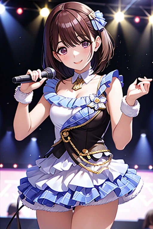 Nene Kasaki々、 Shiny Maroon Hair ,  short hair, ( brown pretty eyes、 Sparkling Eyes, Fine grain)、smile、 super detailed eyes 、 highly detailed face holding 1 ,  very detailed eyes,Only one female,( greatest masterpiece highest quality :1.2) 、 cowboy shot、


nsfw,  An idol girl is singing on stage. Idol's white costume . microphone .  short hair、 full audience