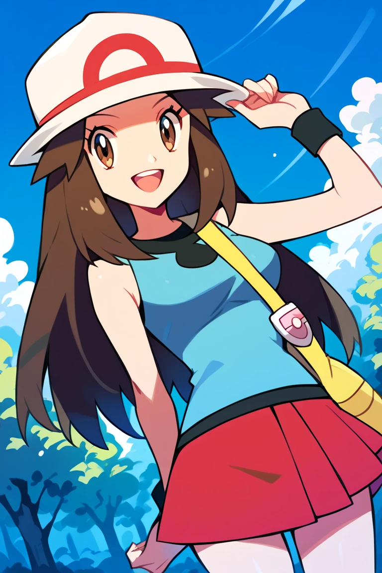 score_9, score_8_up, score_7_up, score_6_up, best quality, source_anime, cel shading, flat color, vector, detailed background, blue background, clouds, trees, forest, BREAK 1girl, solo, leaf_(\pokemon\), brown hair, long hair, brown eyes, white hat, blue sleeveless shirt, red skirt, blue socks, yellow duffle bag, wristbands, medium breasts, cowboy shot, looking at viewer, smile, open mouth, teeth, one hand on hat, 