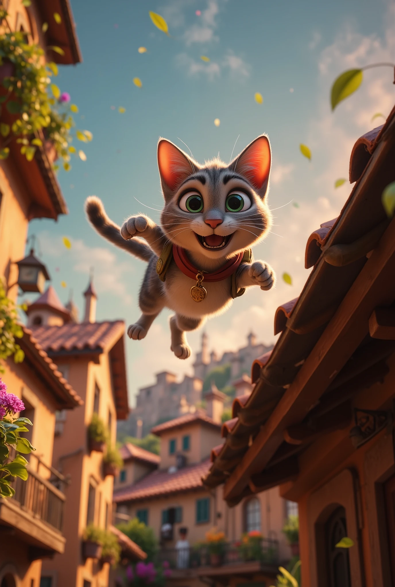 (8k, top quality, Masterpiece , Final Fantasy Style: 1.2),Atmospheric perspective, 8K, Very detailed, , (composition looking up from below,:1.3),  cat jumping off the roof, Roof of home, Rapid Descent, surprised expression, face tense, eyes wide, mouth wide open, close-up of front paw pads, Hair all over my body stands on end due to wind pressure, looking up from below composition,