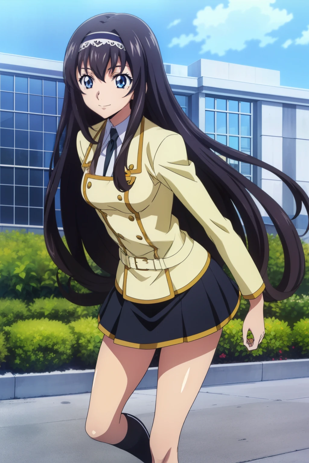 from side, 1 girl, cute, black hair, long hair, (hair band), (posing), (smile), (School Uniform, skirt), (In the school garden), (anime cels style, Masterpiece, best quality, high resolution, anime colored, megami magazine:1.2, anime poster style, anime keyvisual, sharp, 8k, photorealistic), beautiful eyes, (perfect anatomy, perfect body,  perfect leg)