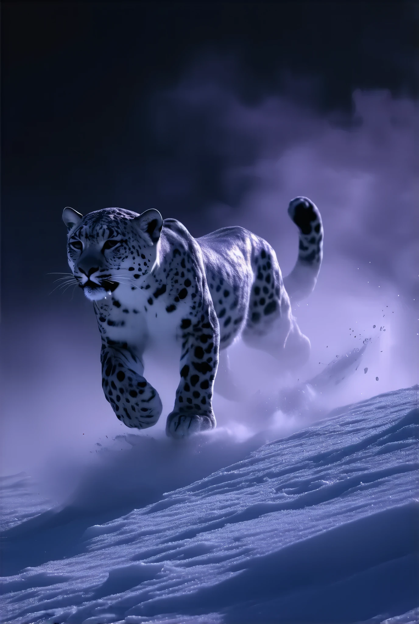 (8k, top quality, Masterpiece , Final Fantasy Style: 1.2),Atmospheric perspective, 8K, Very detailed, A snowy field on a quiet night, A snowy field at a quiet night, (looking up from below composition,:1.3), a snow leopard wearing pure white winter fur,A snow leopard is jumping off a cliff in pursuit of its prey, running rapidly down the steep cliff of a snowy mountain, raising snow smoke, keen eyes, dynamic, ferocious, murderous, Moonlit night, clear air, night fog, sparkling ice particles in the air, , The sky turns eerily purple