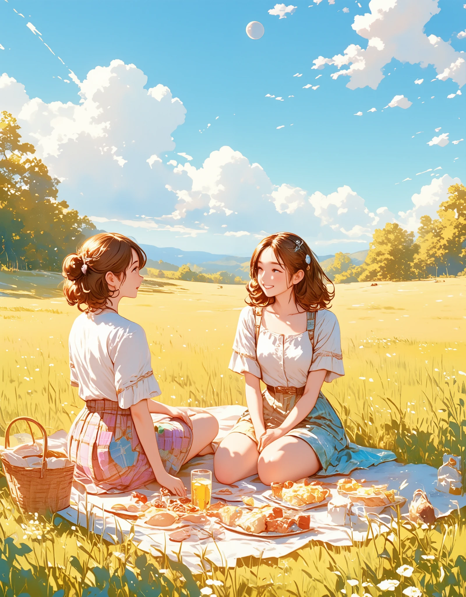 Illustration with light pink as the main color, On sunny day, two women are picnicking in a meadow, Lovely weather, The secret, They are relaxing in the sun, She looks up at the sky and finds the midday moon, Illustration of a Netherlands afternoon scene, The women are picnicking and smiling very prettily, Their tartan-check skirts look like Scottish folk costumes, Society