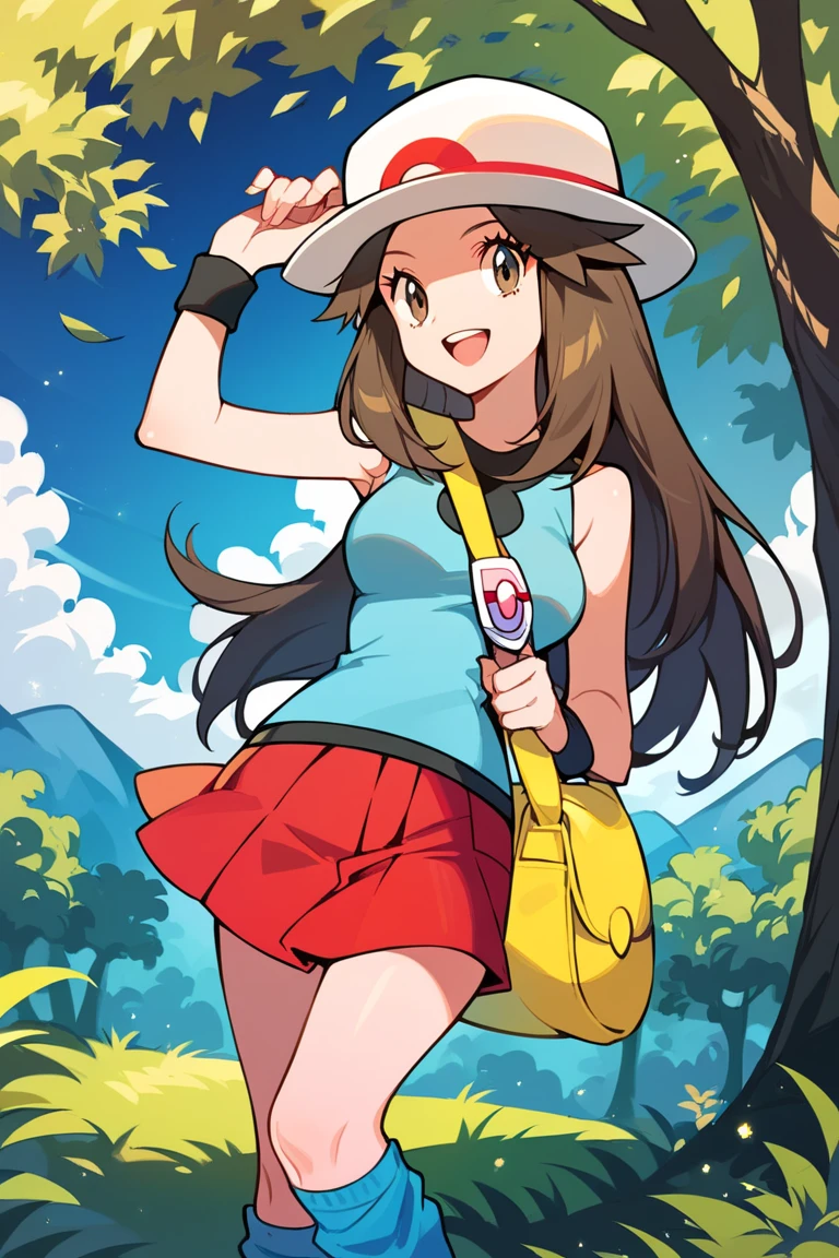 score_9, score_8_up, score_7_up, score_6_up, best quality, source_anime, cel shading, flat color, vector, detailed background, blue background, clouds, trees, forest, BREAK 1girl, solo, leaf_(\pokemon\), brown hair, long hair, brown eyes, white hat, blue sleeveless shirt, red skirt, blue socks, yellow duffle bag, wristbands, medium breasts, cowboy shot, looking at viewer, smile, open mouth, teeth, one hand on hat, 