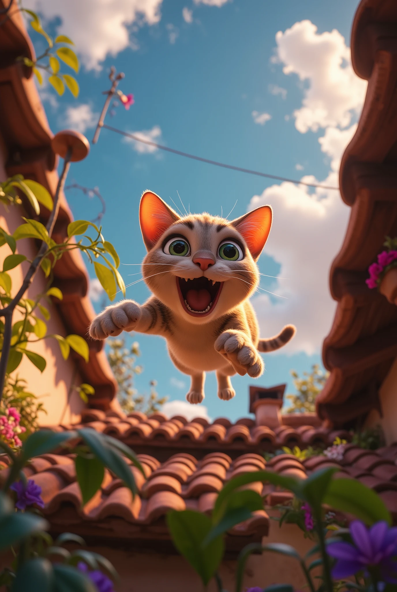 (8k, top quality, Masterpiece , Final Fantasy Style: 1.2),Atmospheric perspective, 8K, Very detailed, , (composition looking up from below,:1.3),  cat jumping off the roof, Roof of home, Rapid Descent, surprised expression, face tense, eyes wide, mouth wide open, close-up of front paw pads, Hair all over my body stands on end due to wind pressure, looking up from below composition,