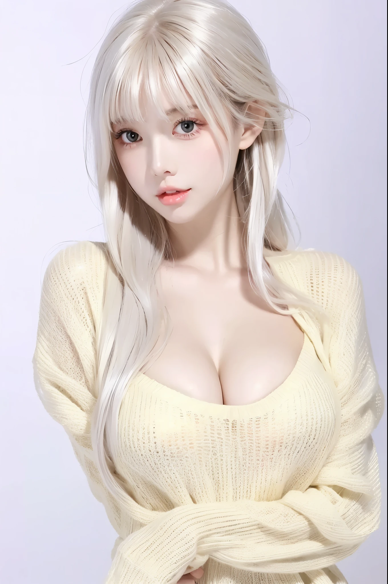  beautiful woman with perfect body：1.4，Layered Hairstyle，Sexy，Cleavage highlights：1.5， Transparent Sweater ， high-precision facial and skin texture ，Skin Whitening，Long snow-white hair 