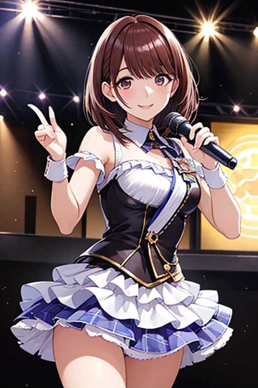 Nene Kasaki々、 Shiny Maroon Hair ,  short hair, ( brown pretty eyes、 Sparkling Eyes, Fine grain)、smile、 super detailed eyes 、 highly detailed face holding 1 ,  very detailed eyes,Only one female,( greatest masterpiece highest quality :1.2) 、 cowboy shot、


nsfw,  An idol girl is singing on stage. Idol's white costume . microphone .  short hair、 full audience