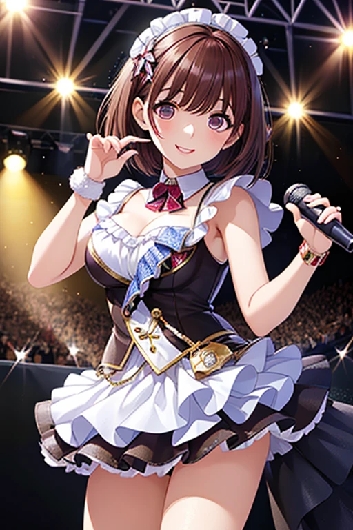 Nene Kasaki々、 Shiny Maroon Hair ,  short hair, ( brown pretty eyes、 Sparkling Eyes, Fine grain)、smile、 super detailed eyes 、 highly detailed face holding 1 ,  very detailed eyes,Only one female,( greatest masterpiece highest quality :1.2) 、 cowboy shot、


nsfw,  An idol girl is singing on stage. Idol's white costume . microphone .  short hair、 full audience