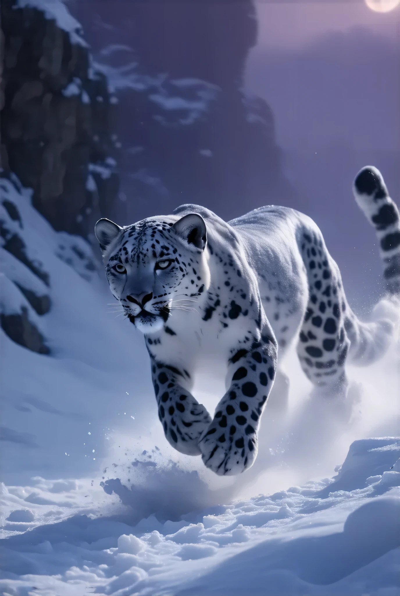 (8k, top quality, Masterpiece , Final Fantasy Style: 1.2),Atmospheric perspective, 8K, Very detailed, A snowy field on a quiet night, A snowy field at a quiet night, (looking up from below composition,:1.3), a snow leopard wearing pure white winter fur,A snow leopard is jumping off a cliff in pursuit of its prey, running rapidly down the steep cliff of a snowy mountain, raising snow smoke, keen eyes, dynamic, ferocious, murderous, Moonlit night, clear air, night fog, sparkling ice particles in the air, , The sky turns eerily purple