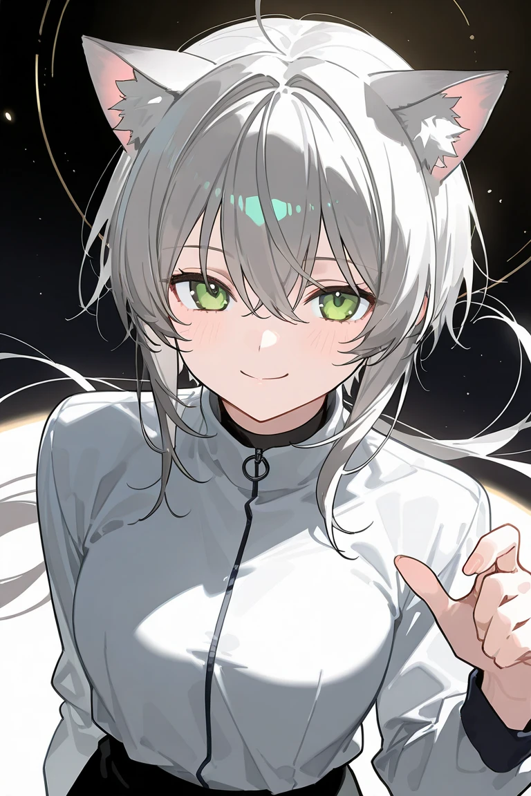 Best Quality, One Woman, Gray Hair, Long Heir, smile, Cat Ears, Green Eyes, 