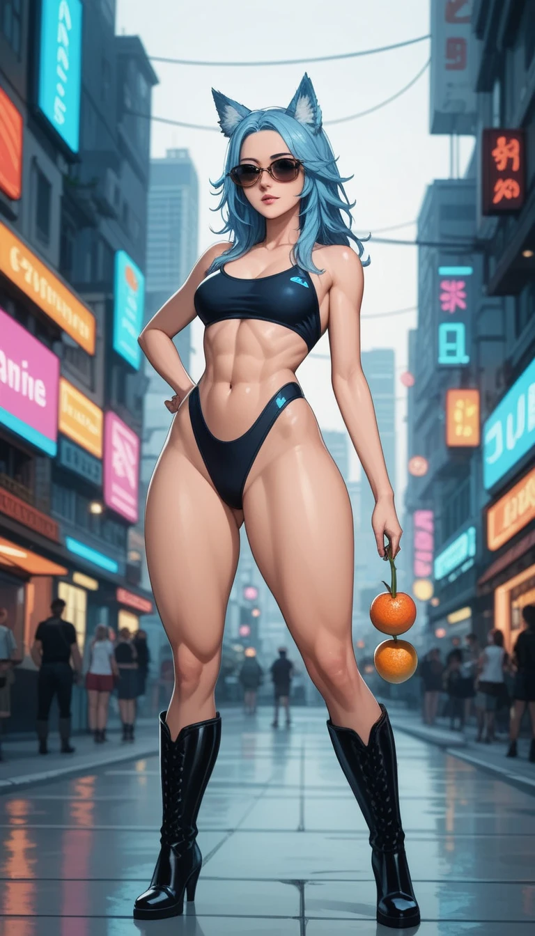 a sexy woman (wolf ears, athletic body ),  graceful elegance   ,   long and smooth colored with straight fringe ,   dark sunglasses with blue lenses(sunglasse blue ,   ((sexy black swimsuit)),  long black boots ,  standing,shining,  delighted, magical,  Fantasy,    intricate details ,  On the street of the futuristic city ,,  A neon sign on the back with Mandarin characters, (  holds a futuristic weapon ) ,  leaning forward  ,  perfect anatomy  ,    thick thighs   , golden ratio , detailed