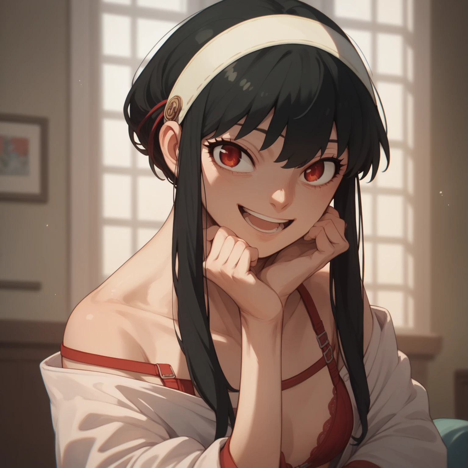 olet, A mature woman,  through bangs, side locks, red eyes, black hair color hair, hair adornments, Huge cleavage，sporty attire, (the face:1.2), female student, ssmile,exposed bare shoulders, black hair color hair, Sakura NS, LOP, (robe:1.21), 鎖骨, Willow branches, (Masterpieces of the highest quality :1.2),