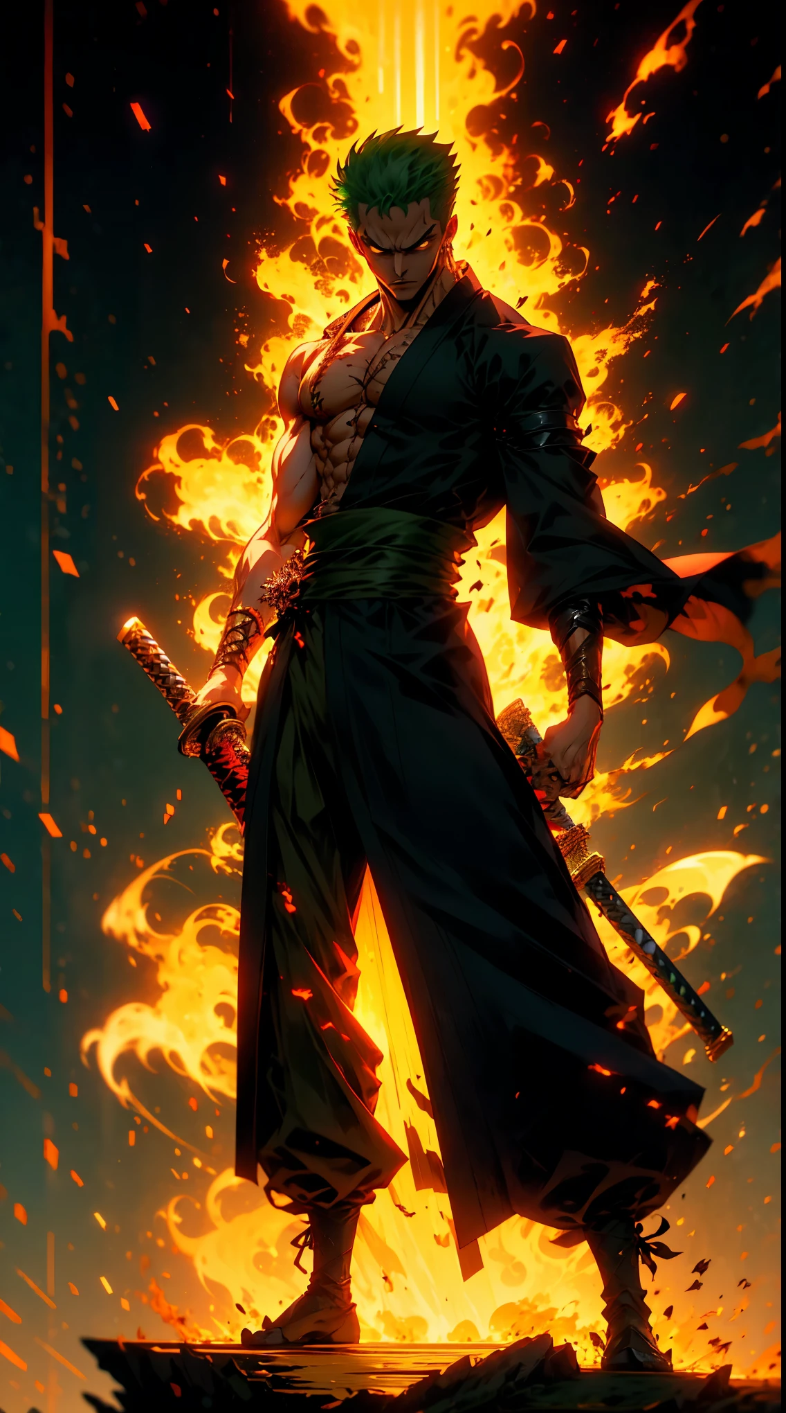 A hyper-detailed, full-body anime-style depiction of Roronoa Zoro from *One Piece*. Zoro is standing confidently, facing the viewer with a fierce expression. His green hair is slightly messy, framing his scarred face, including the iconic vertical cut over his left eye. Dressed in a dark green kimono tied with a yellow obi, his muscular build is emphasized. He bites the hilt of a katana angled to the right, with two other swords sheathed at his waist. Vibrant green and black energy auras surround him, creating a dynamic, otherworldly atmosphere against a tranquil Japanese landscape.