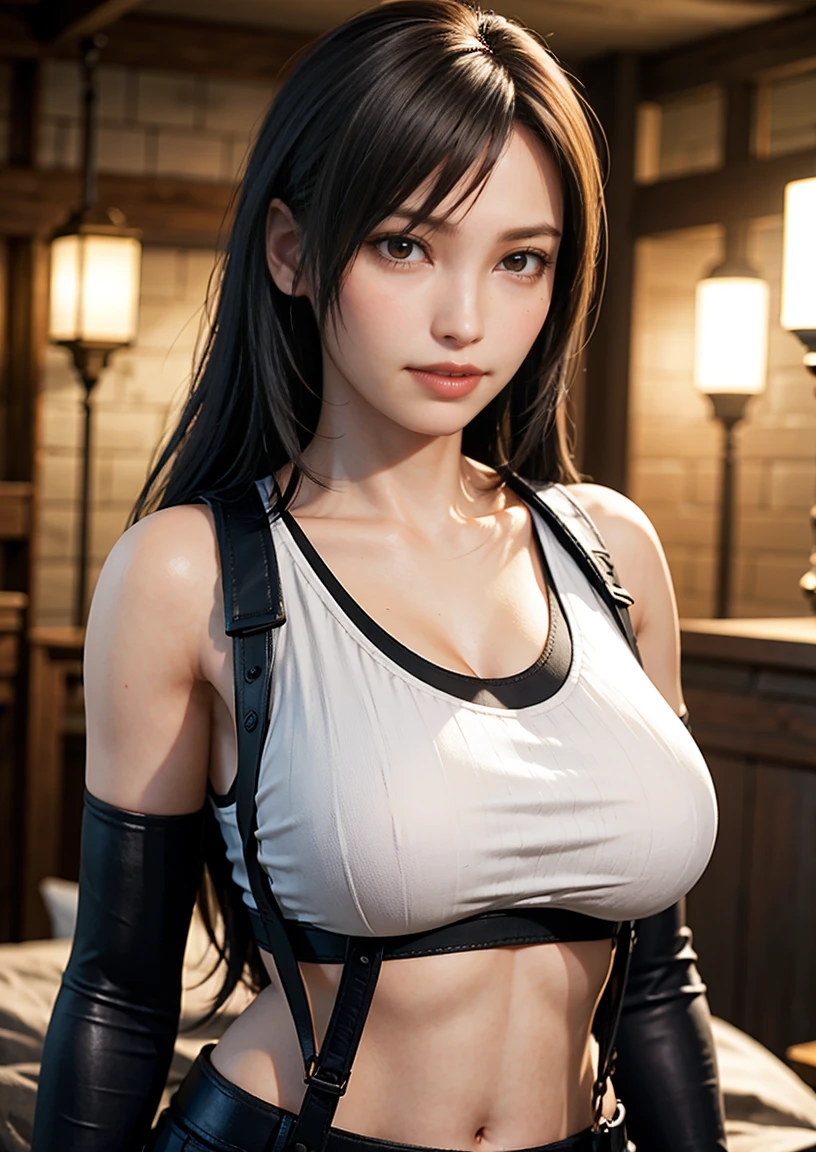 (, blush, 20yo, narrow eyes) (Photorealistic: 1.4), Solo, Top Quality, Very Delicate and Beautiful, High Definition, 1girl, tifa_lockhart, Smile, Cowboy Shot, Suspenders, Low Rise, Mini Skirt, white Tank Top, Tense Shirt, Black Hair, Long Hair, Elbow Gloves, Beautiful Detailed Red Eyes, Face Light, Movie Lighting, Navel, ( gigantic breasts: 1.0), old bars, background blurred, fluttering hair,  beautiful woman