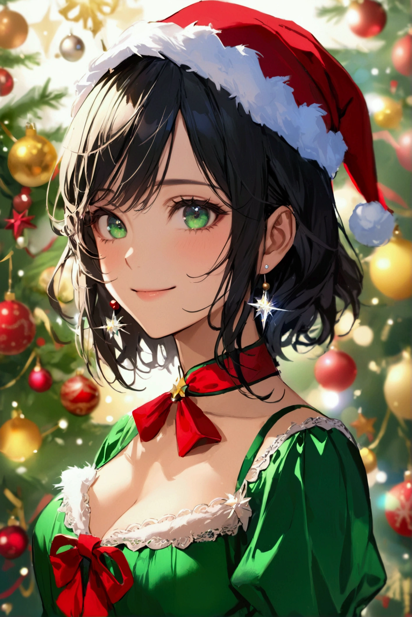 ((top quality)), ((masterpiece)), ( Details),  high definition ,  perfect face,  Detailsed eyes,  beautiful eyes,  1 beautiful girl , Green Victoria Blouse , red ribbon, medium breasts, smiles,  with sparkling eyes ,  has Christmas charms on，