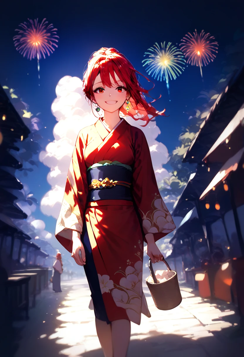 (masterpiece, best quality, anime, highly detailed, 2k resolution, 2d, 1girl, perfect eye, perfect face), ((candid portrait, watching a fireworks)), long shot, front view, (red hair:1.4), huge ribbon, different eye color (red eye and black eye), kimono, smiling, sad expression, fireworks, in a festival, riverside, full body