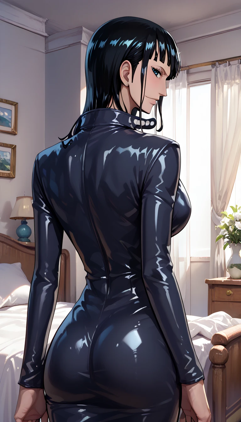 Erotic NSFW,(masterpiece), beautifully and in detail,ishigaki takashi Styles,nico robin / Pre-timeskip / ONE PIECE Anime style, black hair, black eyes,Big Breasts,lure:1.3, back view, from behind,bedroom,front