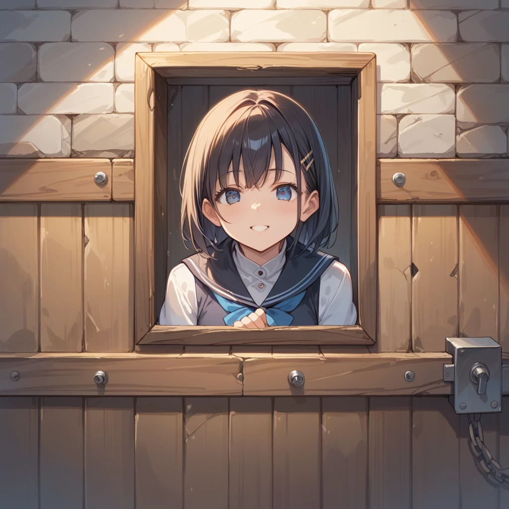 score_9, score_8_up, score_7_up, source_anime, masterpiece, best quality, highly detailed, BREAK wooden wall, crack in wall, round hole in wall, girl is peeking from crack, girl is looking at viewer