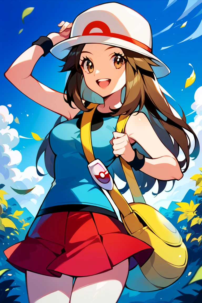 score_9, score_8_up, score_7_up, score_6_up, best quality, source_anime, cel shading, flat color, vector, detailed background, blue background, clouds, trees, forest, BREAK 1girl, solo, leaf_(\pokemon\), brown hair, long hair, brown eyes, white hat, blue sleeveless shirt, red skirt, blue socks, yellow duffle bag, wristbands, medium breasts, cowboy shot, looking at viewer, smile, open mouth, teeth, one hand on hat, 