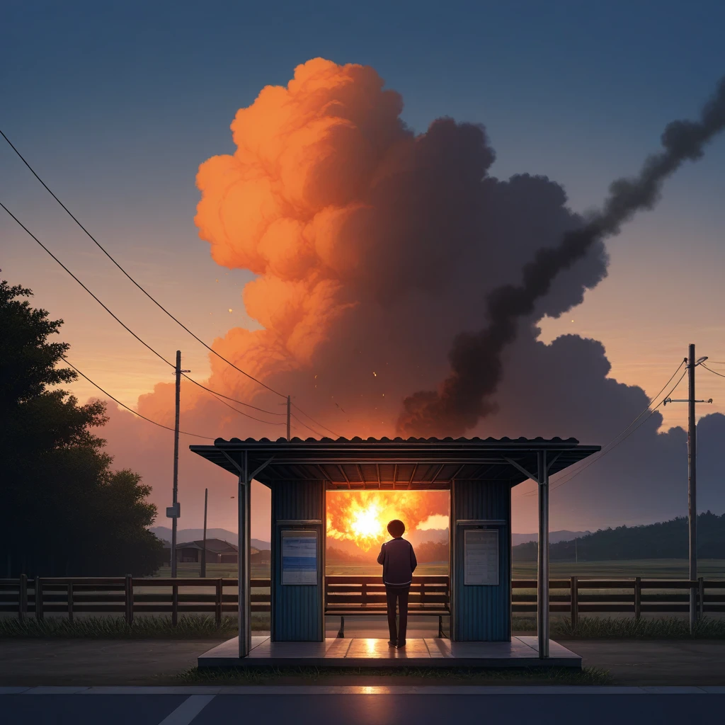 A male high school student waiting at the bus stop,evening, amid the explosion of smoke,countryside