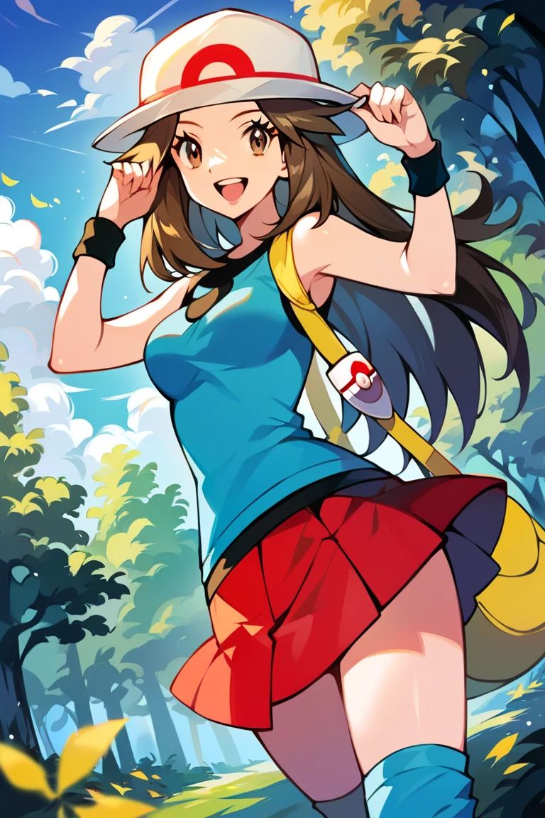 score_9, score_8_up, score_7_up, score_6_up, best quality, source_anime, cel shading, flat color, vector, detailed background, blue background, clouds, trees, forest, BREAK 1girl, solo, leaf_(\pokemon\), brown hair, long hair, brown eyes, white hat, blue sleeveless shirt, red skirt, blue socks, yellow duffle bag, wristbands, medium breasts, cowboy shot, looking at viewer, smile, open mouth, teeth, one hand on hat, 