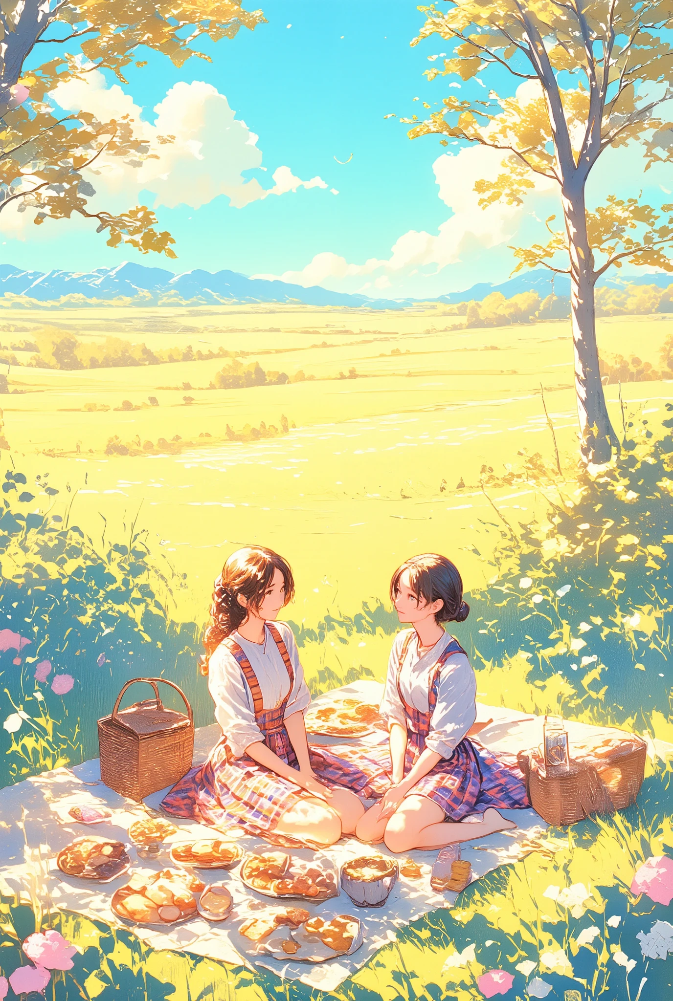 Illustration with light pink as the main color, On sunny day, two women are picnicking in a meadow, Lovely weather, The secret, They are relaxing in the sun, She looks up at the sky and finds the midday moon, Illustration of a Netherlands afternoon scene, The women are picnicking and smiling very prettily, Their tartan-check skirts look like Scottish folk costumes, Society