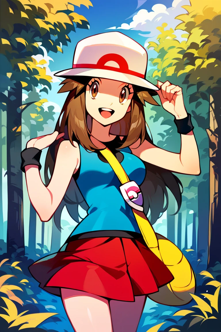 score_9, score_8_up, score_7_up, score_6_up, best quality, source_anime, cel shading, flat color, vector, detailed background, blue background, clouds, trees, forest, BREAK 1girl, solo, leaf_(\pokemon\), brown hair, long hair, brown eyes, white hat, blue sleeveless shirt, red skirt, blue socks, yellow duffle bag, wristbands, medium breasts, cowboy shot, looking at viewer, smile, open mouth, teeth, one hand on hat, 