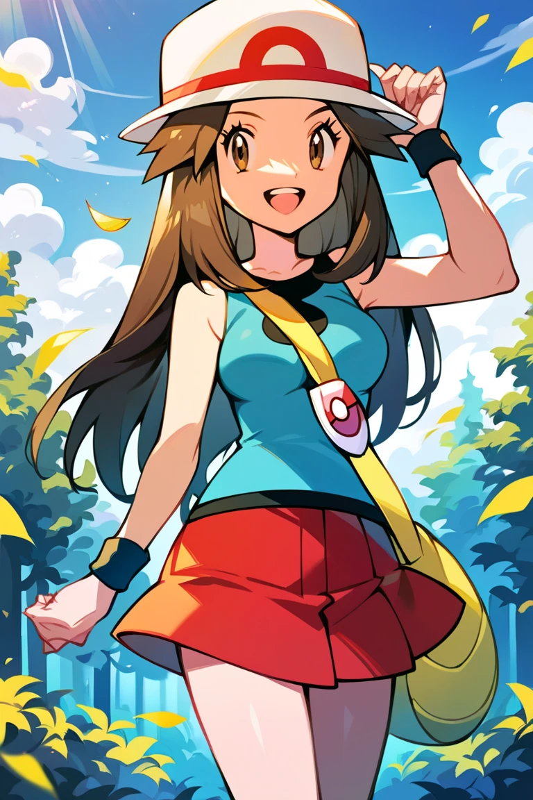 score_9, score_8_up, score_7_up, score_6_up, best quality, source_anime, cel shading, flat color, vector, detailed background, blue background, clouds, trees, forest, BREAK 1girl, solo, leaf_(\pokemon\), brown hair, long hair, brown eyes, white hat, blue sleeveless shirt, red skirt, blue socks, yellow duffle bag, wristbands, medium breasts, cowboy shot, looking at viewer, smile, open mouth, teeth, one hand on hat, 