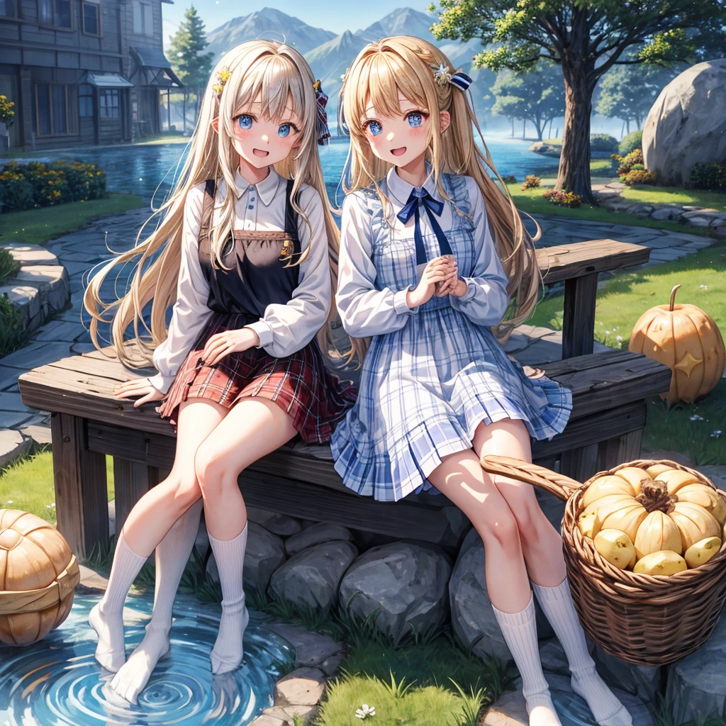 8k,ultraclear,A blonde girl soaked her feet in a barrel,The brunette reached into the barrel and hugged the blonde girl's feet,Close-up
