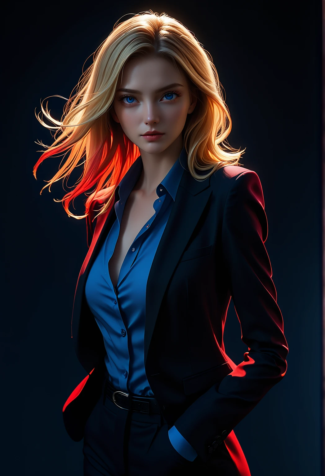 Best quality,masterpiece,ultra high res,(photorealistic:1.4),raw photo,(1girl,curvy,red gradient hair,blonde hair,blue eyes,detailed eyes and face,black business suit,dynamic lighting,in the dark,deep shadow,low key,cowboy shot full-lenght body,)