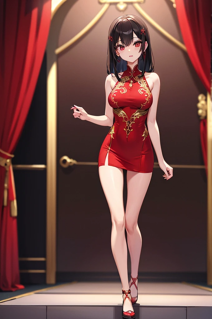 a sexy woman, (best quality), (masterpiece), (1girl), slim, anime, (flat chested), (chinese dress), (standing), (protrait), (full body view)
