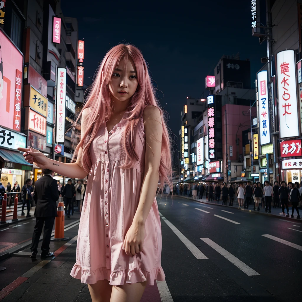 Tokyo, Kabukicho, long hair fluttering in the wind, pink hair, high definition, dress