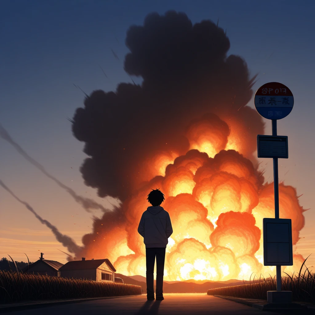 A male high school student waiting at the bus stop,evening, amid the explosion of smoke,countryside,Knee Shot