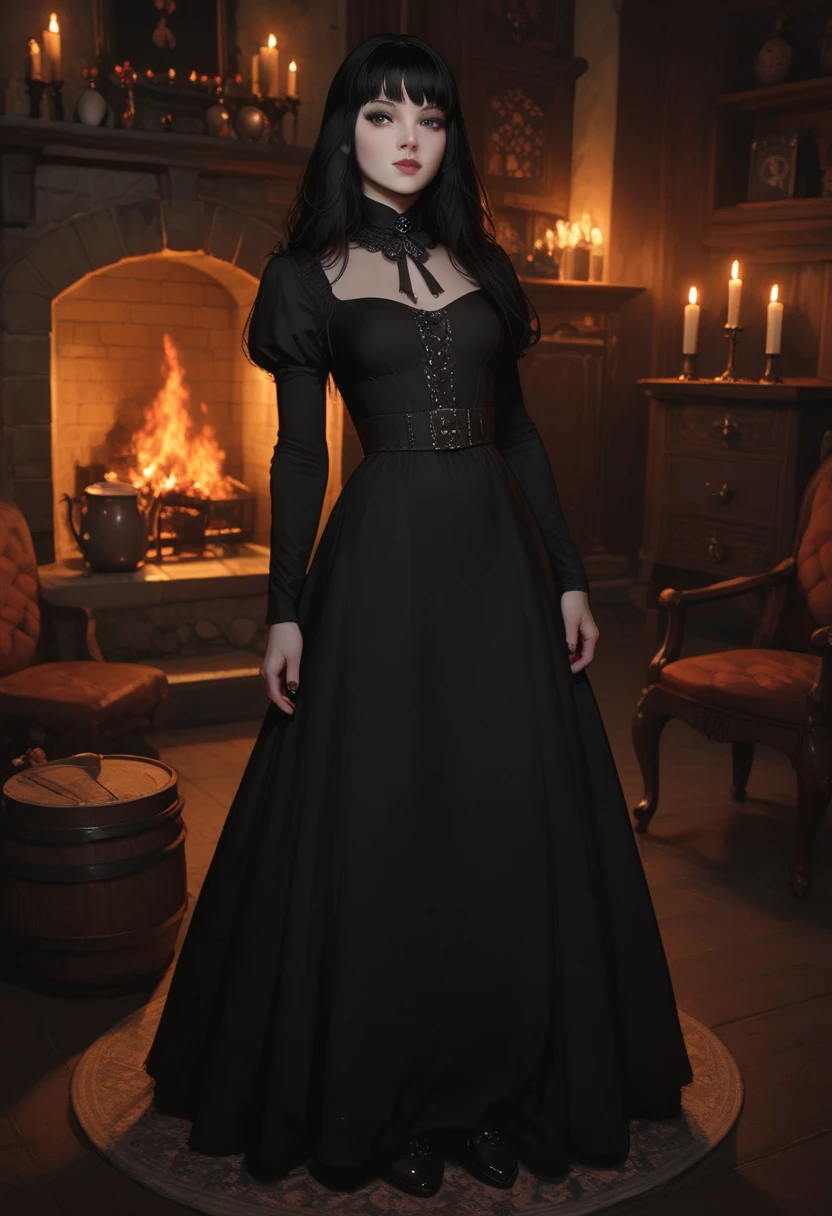 score_9, score_8_up, score_7_up, Western Comics, Full Body Shot, girl, gothic, cute, seductive, innocent, light smile:0.3, plump lips, slender body, pale skin, long straight black hair, bangs, black goth dress, medieval theme, fire in the fireplace background, depth of field, dynamic angle, fashion photography, sharp, hyperdetailed:1.15