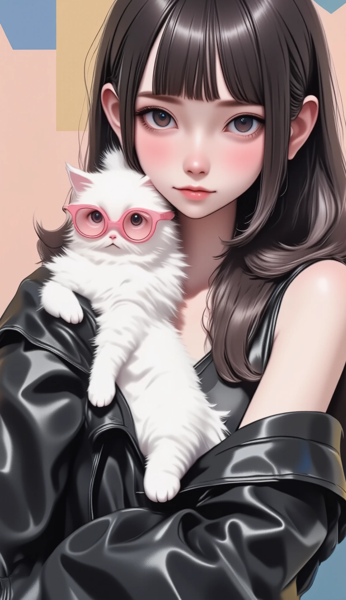 a woman in a black leather outfit with an open chest,  Thick lips,  woman hugging a fluffy white cat wearing pink glasses:1.3, Depressed expression , 20 years old,   long black hair,  Rosy Cheeks,  pink lips,  long straight hair with bangs ,  simple background, ( top quality ,4K,8k, high definition ,masterpiece:1.2), Ultra Details,( realistic ,photo realistic ,photo- realistic :1.37), Studio Lighting , Extremely Detailed Description , bright colors , portrait