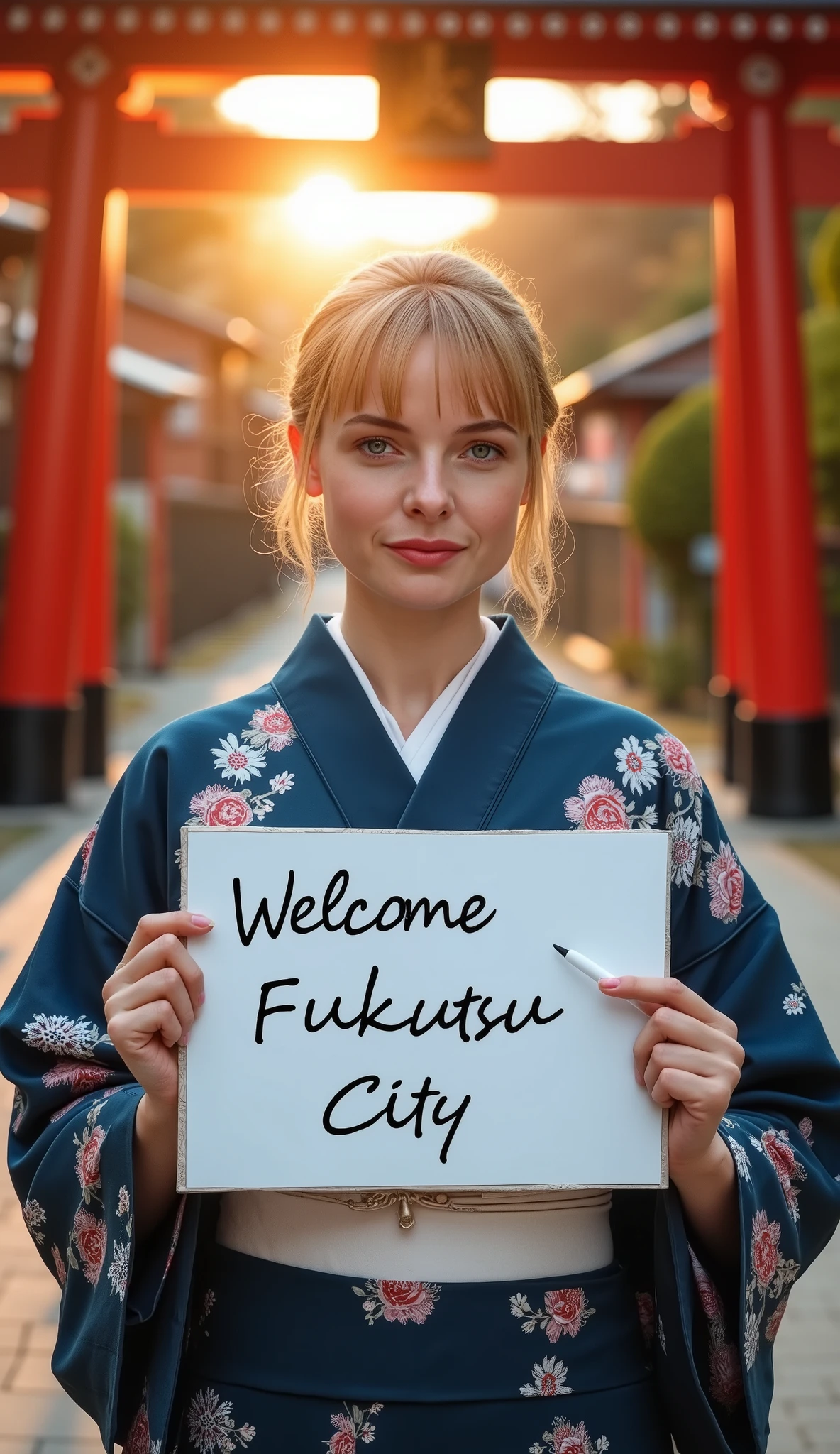  Front view, Name is Gal Gadot,  1 woman, beautiful young American woman,  30-age, (blond  hair, Short hair , fringe, beautiful dark blue eye, smile), (C cup breasts, wide hip), ( Japanese traditional Dark blue Kimono, kimono's below  flower pattern , White obi with flower pattern ) , White board hold both hands, writing word "Welcome Fukutsu City" front Shinto shrine, The Road of Light , sunset, (super detail, high details, high quality, accurate, anatomically correct, textured skin, beautiful fingers super detail, high details, high quality, best quality)