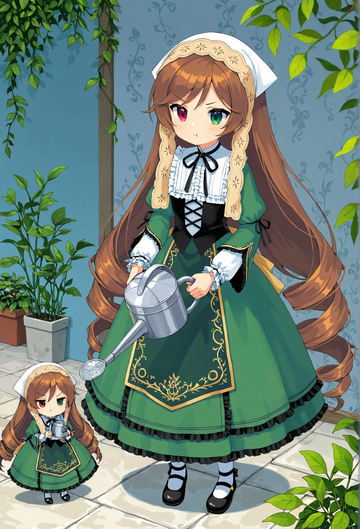 1girl\(suiseiseki\(rosenmeiden\),doll,small, bonnet, head scarf, heterochromia, green dress, neck ribbon, twin drills,brown hair, red eye,green eye, long sleeves, green dress, very long hair, frills, black ribbon, white headwear, bangs, shoes,holding watering can,cute,full body,:t, pout,dinamic pose\).beautiful plants, green leaves, garden, screen cap, anthro. BREAK .quality\(8k,wallpaper of extremely detailed CG unit, high resolution, top-quality, top-quality real texture skin, hyper realistic, increase the resolution, RAW photos, best quality, highly detailed, the wallpaper, golden ratio, high saturation realism, vibrant colors, dramatic lighting, persuasive storytelling, atmospheric scenery, captivating visuals, intricate details, strong emotions, dreamlike world\).dynamic angle