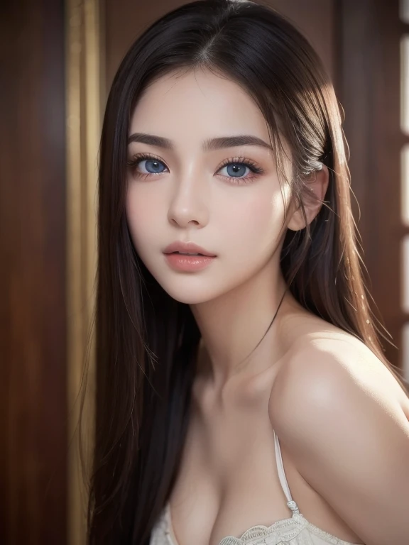 (Close-up:1.4)、(RAW photo:1.2)、(photorealistic:1.4)、(masterpiece:1.3)、(highest quality:1.4)、solo、7 head and body、(beautiful detailed eyes)、(charming big eyes)、(beautiful double eyelids)、(beautiful and detailed face)、natural makeup、long eyelashes、(gentle smile:1.2)、(Detailed clothing features)、Transparent skin、(shiny skin)、(slender and beautiful girl)、(cute face)、(cute:1.2)、(gentle smile:1.2)、(beautiful breastedium breasts:1.3)、