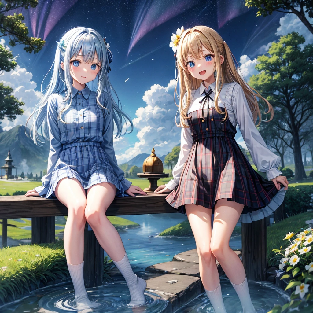 <lora:WorldofMist:1>, worldofmist, two children sitting on a hill, laughing