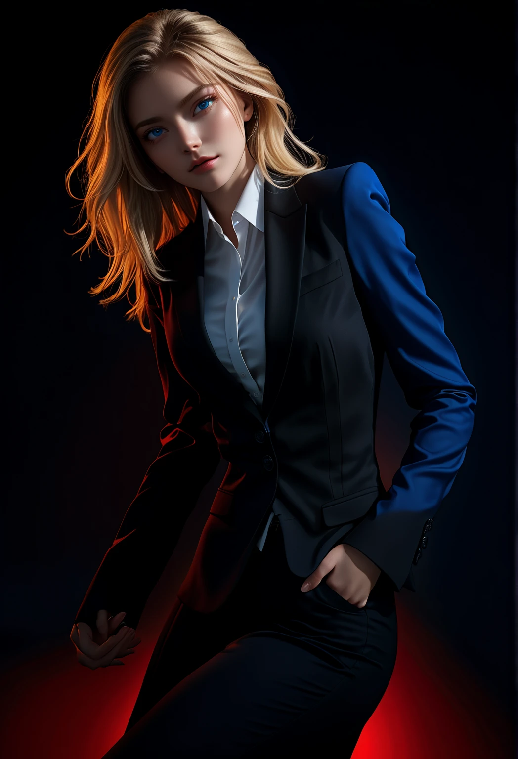 Best quality,masterpiece,ultra high res,(photorealistic:1.4),raw photo,(1girl,curvy,red gradient hair,blonde hair,blue eyes,detailed eyes and face,black business suit,dynamic lighting,in the dark,deep shadow,low key,cowboy shot full-lenght body,)