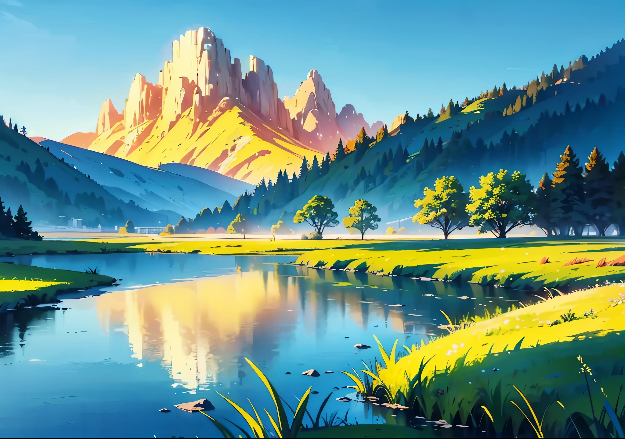 color illustration illustration of Big grass around the water body, a Grass standing on bank of a body of water, landscape illustration, lake background, detailed lake in background, a digital painting, small reeds behind lake, digital drawing, beautiful lake background, lake foreground, detailed digital illustration, steppe background, background art, marsh, reeds, landscape background, digital landscape art, splashes of color painting the landscape with hues of green, a breathtaking display of nature's artistry, morning light, golden light, Disney style, 2D style