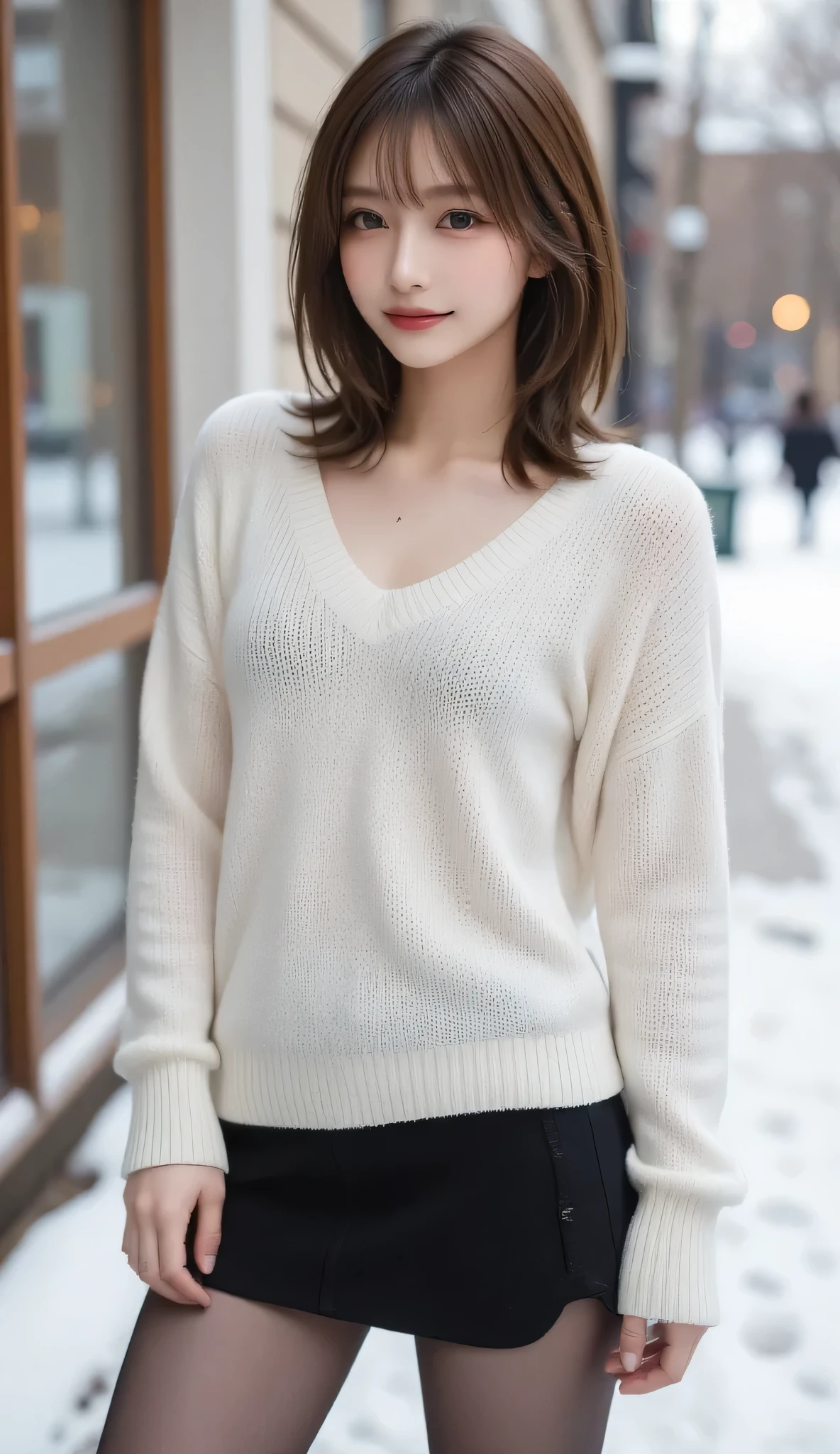 cute 21 year old japanese、Drink coffee in a café、Nice cafe、super detail face、pay attention to details、double eyelid、beautiful thin nose、sharp focus:1.2、Beautiful woman:1.4、(light brown hair,short hair、),pure white skin、highest quality、masterpiece、ultra high resolution、(Photoreal:1.4)、Highly detailed and professional lighting、nice smile、Show the whole body、cute colorful winter clothes、