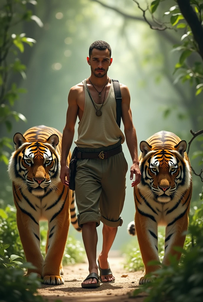 A handsome beautiful slim white skin shirtless man in the desert with two leopards