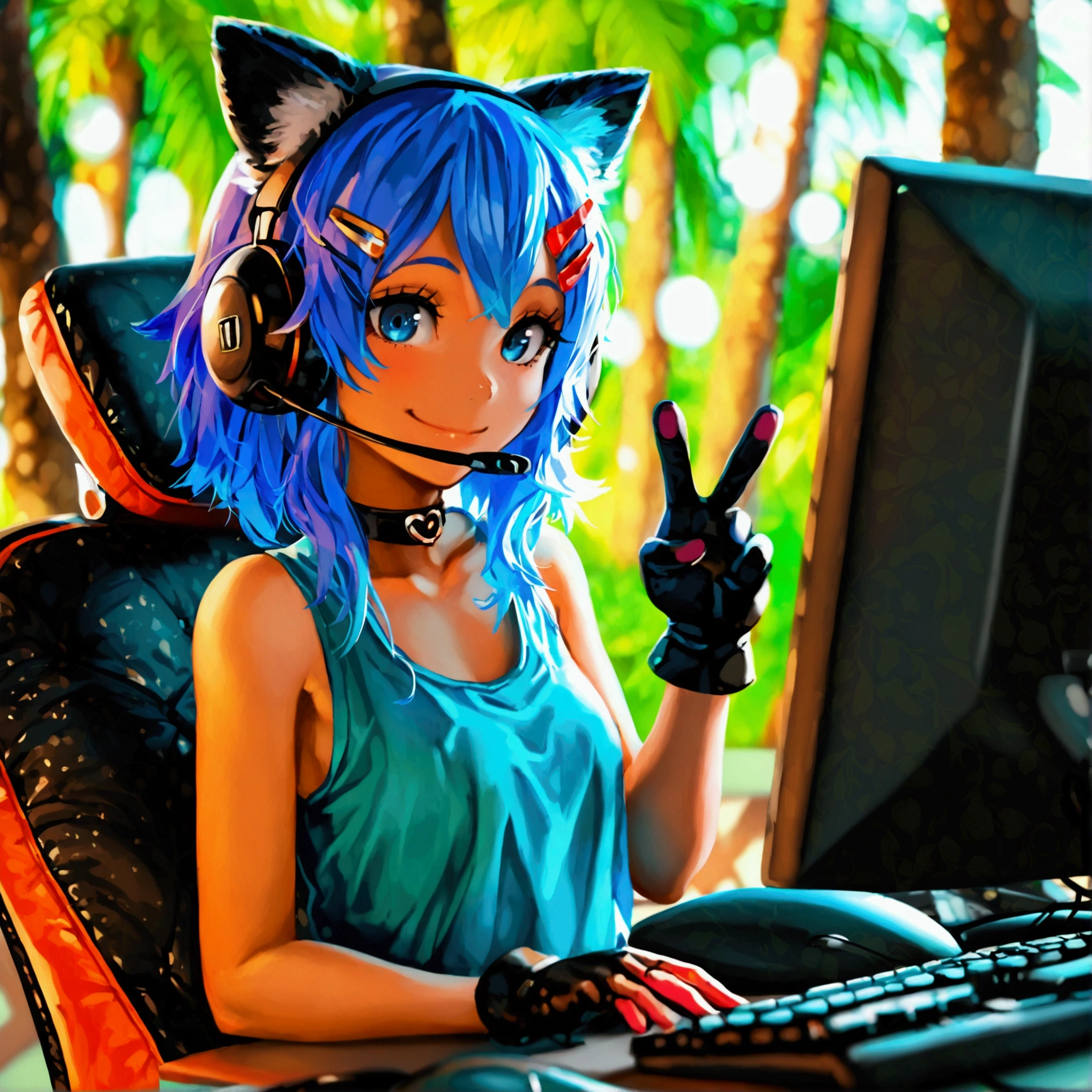 masterpiece,  top quality, Twitch-chan,  hair clip, hair accessories,  colored shirt ,  Sleeveless,  ties,  gloves,  sitting behind the desk,  watching viewers against a tropical island in the background, smile,  Waving ,  bed in blackroom,  bed in black, Computer mouse,  keyboard 