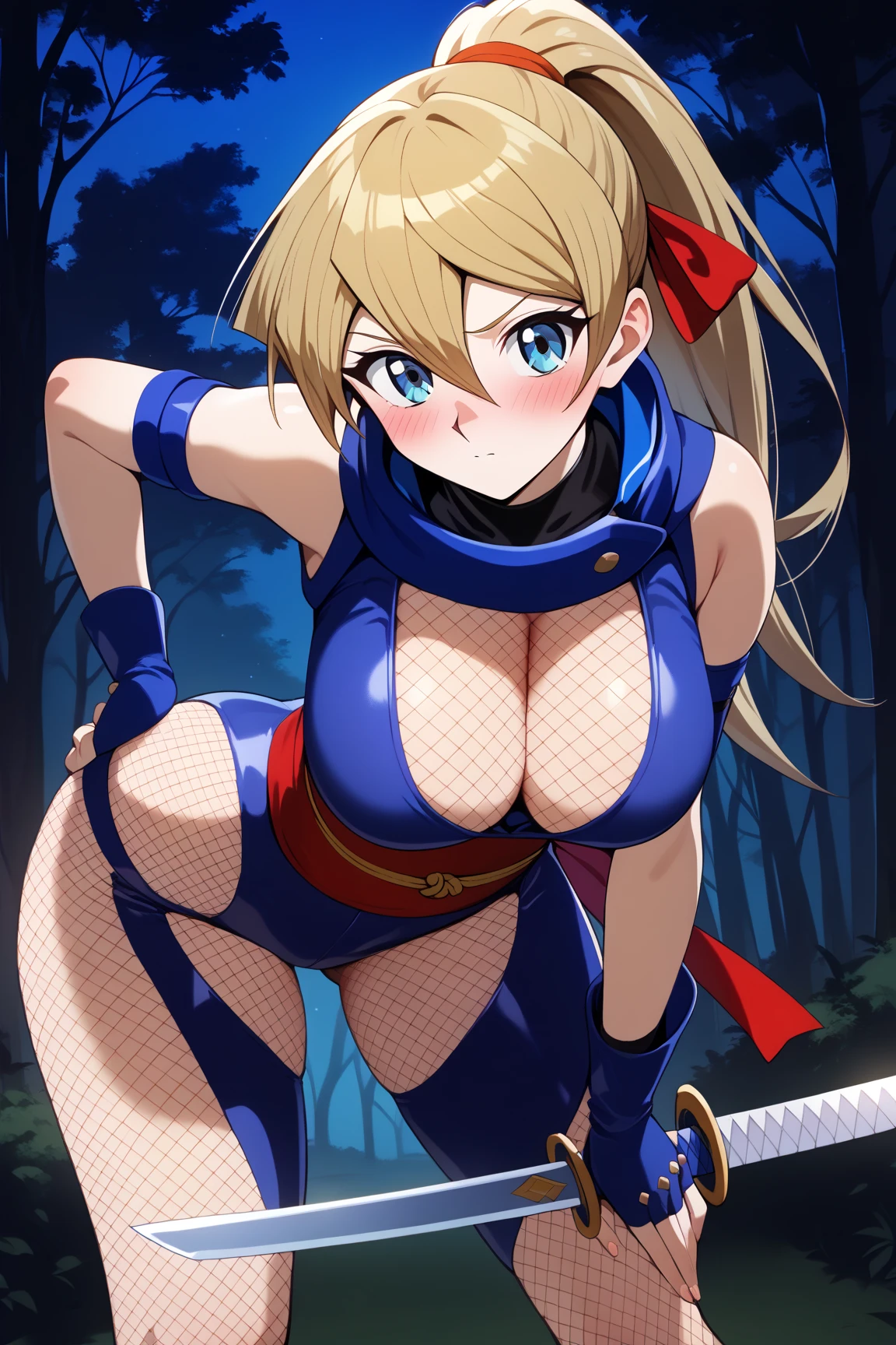 Tenjouin Asuka,megami magazine,long hair,blonde hair,hair between eyes,large breasts,
(ninja:1.2),(fishnet-bodysuit:1.3), bare shoulders, detached sleeves, cleavage,thighhighs,ponytail, blonde hair,(red ribbon:1.2),(ninja sword:1.3),
1girl,(is embarrassing,big blush,closed mouth,steam:1.0),
((leaning forward,hand on hip:1.2)),
(night,forest:1.0),clothed