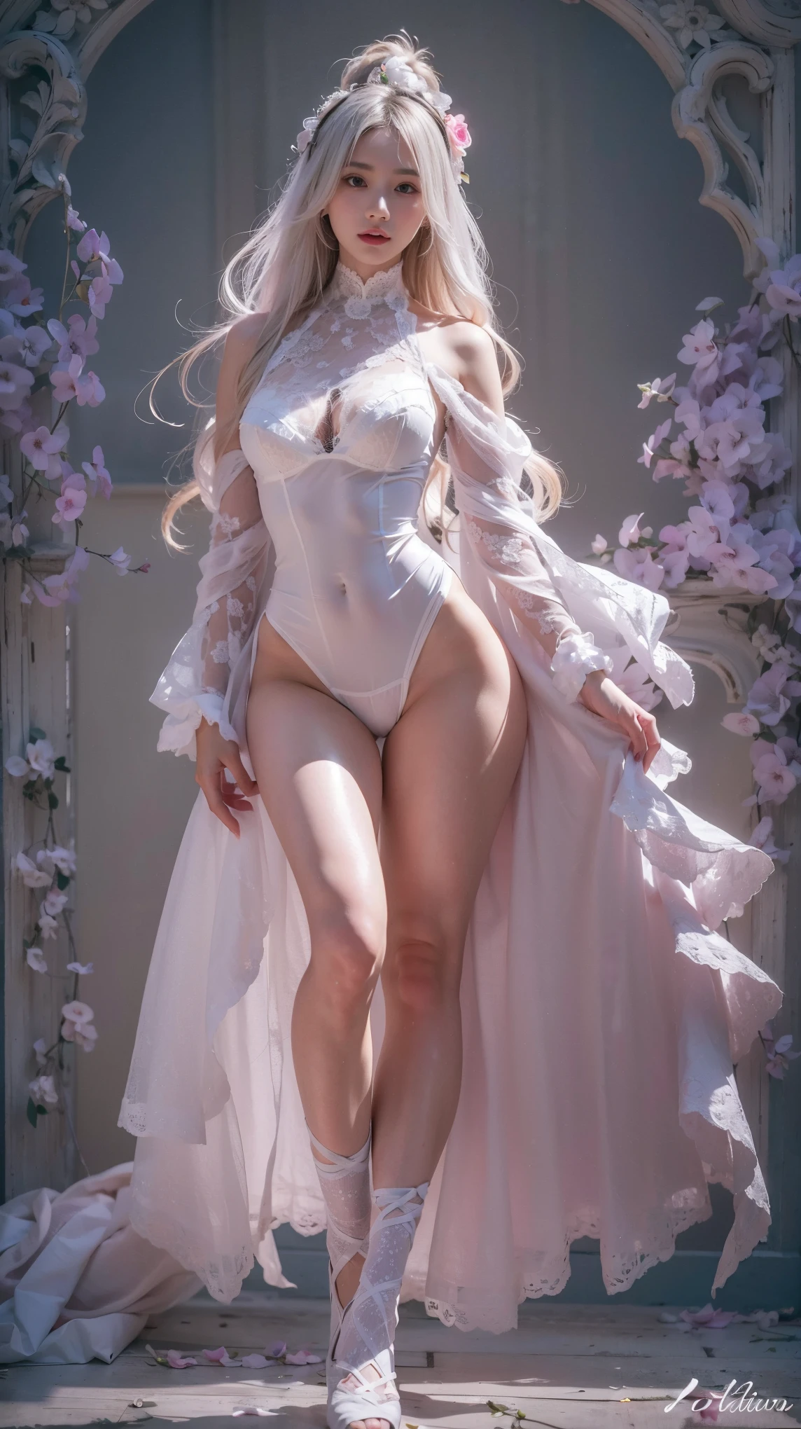 fashion modell, perfect big blue eyes, Perfect iris, Perfect lips, perfect teeth, flawless skin, Glow, (Subdued Color:1.2), Baby Face Woman,
Gorgeous dress up, snow white see-through lace dress, super long pink hair, arms up, one girl,
Kneeling, white stiletto sandals high heels,
Kamimei, Photorealsitic、8k picture, full picture