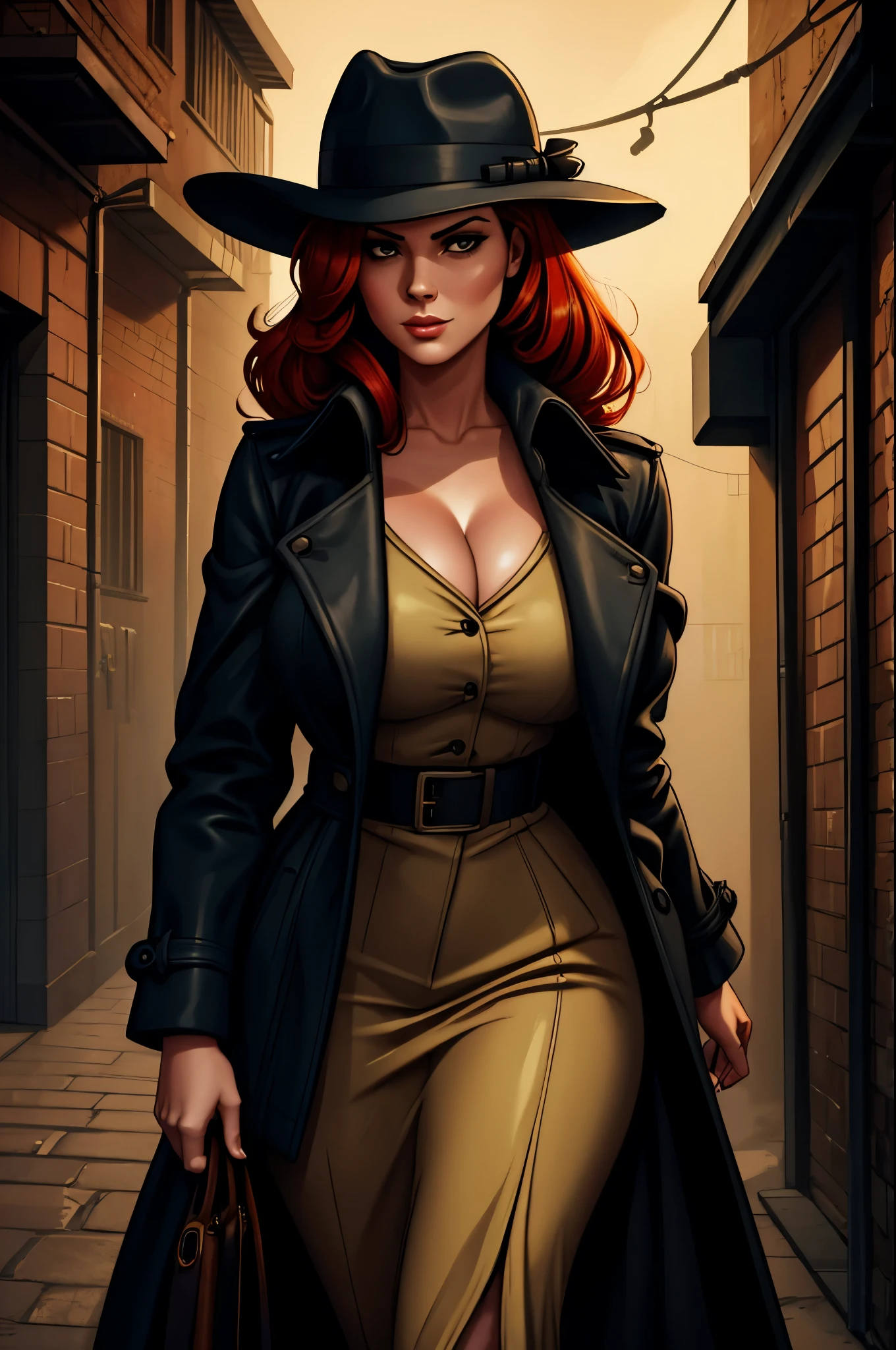 gorgeous woman wearing a tan coat and red lingerie, luxurious red hair, full body shot, fedora, rain, soaking wet