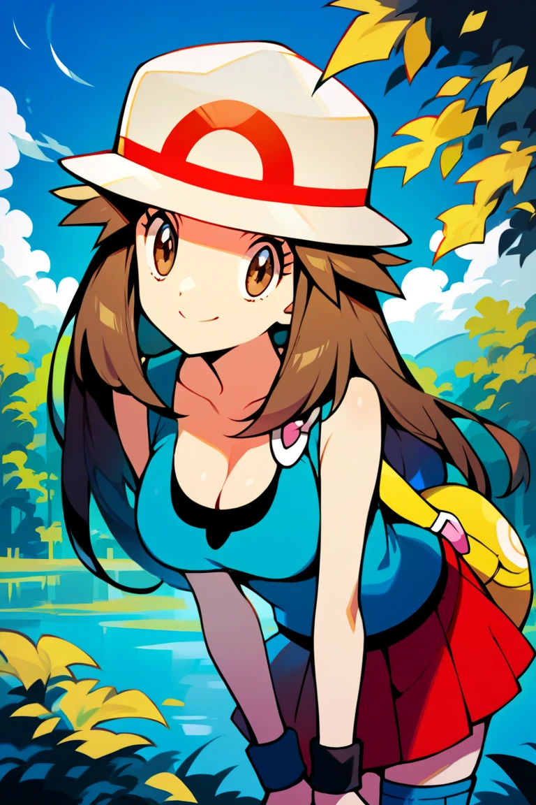 score_9, score_8_up, score_7_up, score_6_up, best quality, source_anime, cel shading, flat color, vector, detailed background, blue background, clouds, trees, forest, BREAK 1girl, solo, leaf_(\pokemon\), brown hair, long hair, brown eyes, white hat, blue sleeveless shirt, red skirt, blue socks, yellow duffle bag, wristbands, medium breasts, cleavage, bent over, close up, looking at viewer, smile, closed mouth, press my chest together,