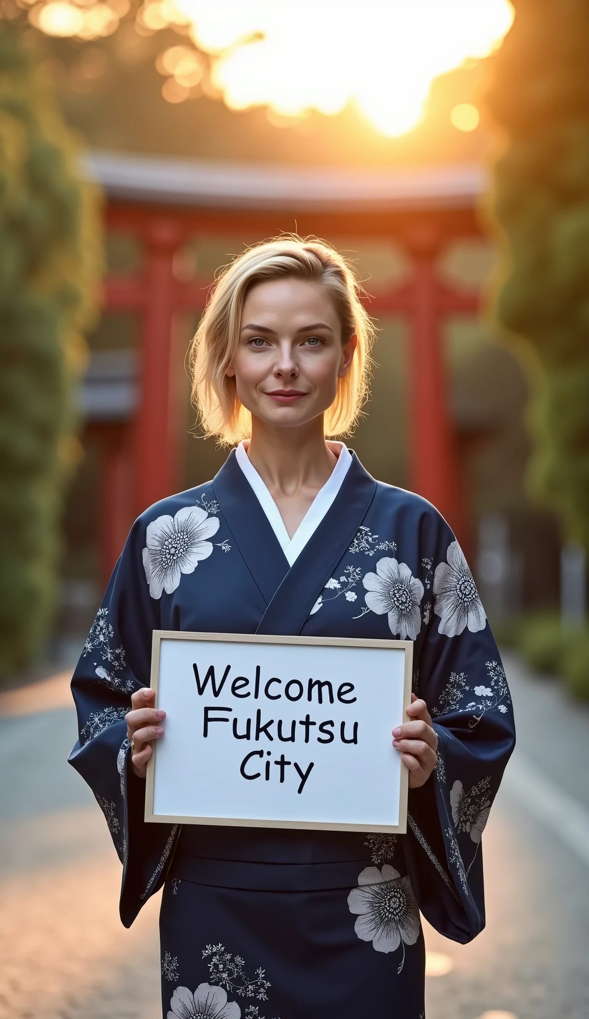  Front view, Name is Gal Gadot,  1 woman, beautiful young American woman,  30-age, (blond  hair, Short hair , fringe, beautiful dark blue eye, smile), (C cup breasts, wide hip), ( Japanese traditional Dark blue Kimono, kimono's below  flower pattern , White obi with flower pattern ) , White board hold both hands, writing word "Welcome Fukutsu City" front Shinto shrine, The Road of Light , sunset, (super detail, high details, high quality, accurate, anatomically correct, textured skin, beautiful fingers super detail, high details, high quality, best quality)